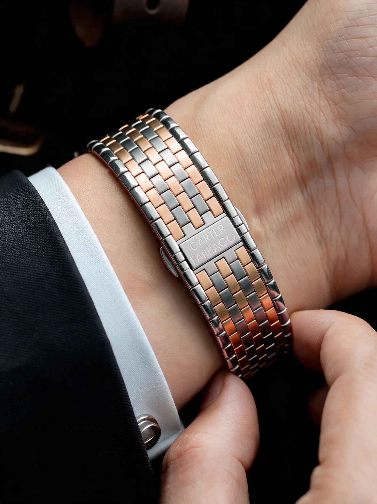 The Rose Gold Two-Tone bracelet on the wrist